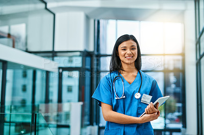 Buy stock photo Healthcare, confidence and portrait of woman doctor or nurse with tablet in hospital for support in medical work. Health care career, wellness and medicine, confident nursing professional with smile.