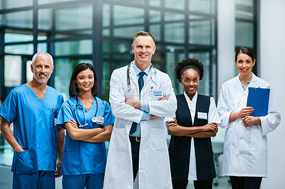 Buy stock photo Health care, happiness and portrait of doctors with nurses, teamwork and support in medical career. Healthcare, medicine and trust, happy team of men and women, hospital staff with confident smile.