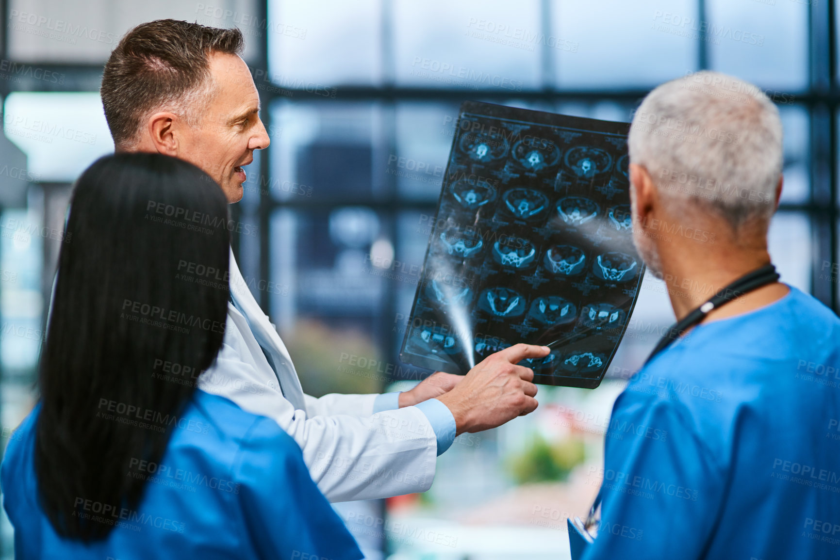 Buy stock photo Doctor, team and x ray for consultation in hospital, analysis and check results of patient MRI. Employees, collaboration and CT scan or review assessment, healthcare and diagnosis study for anatomy