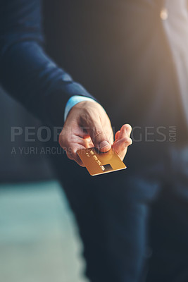 Buy stock photo Credit card, payment and closeup of a businessman hand for shopping, financial bills and loans. Finance, customer and zoom of professional male person paying, buying and spending money for retail.