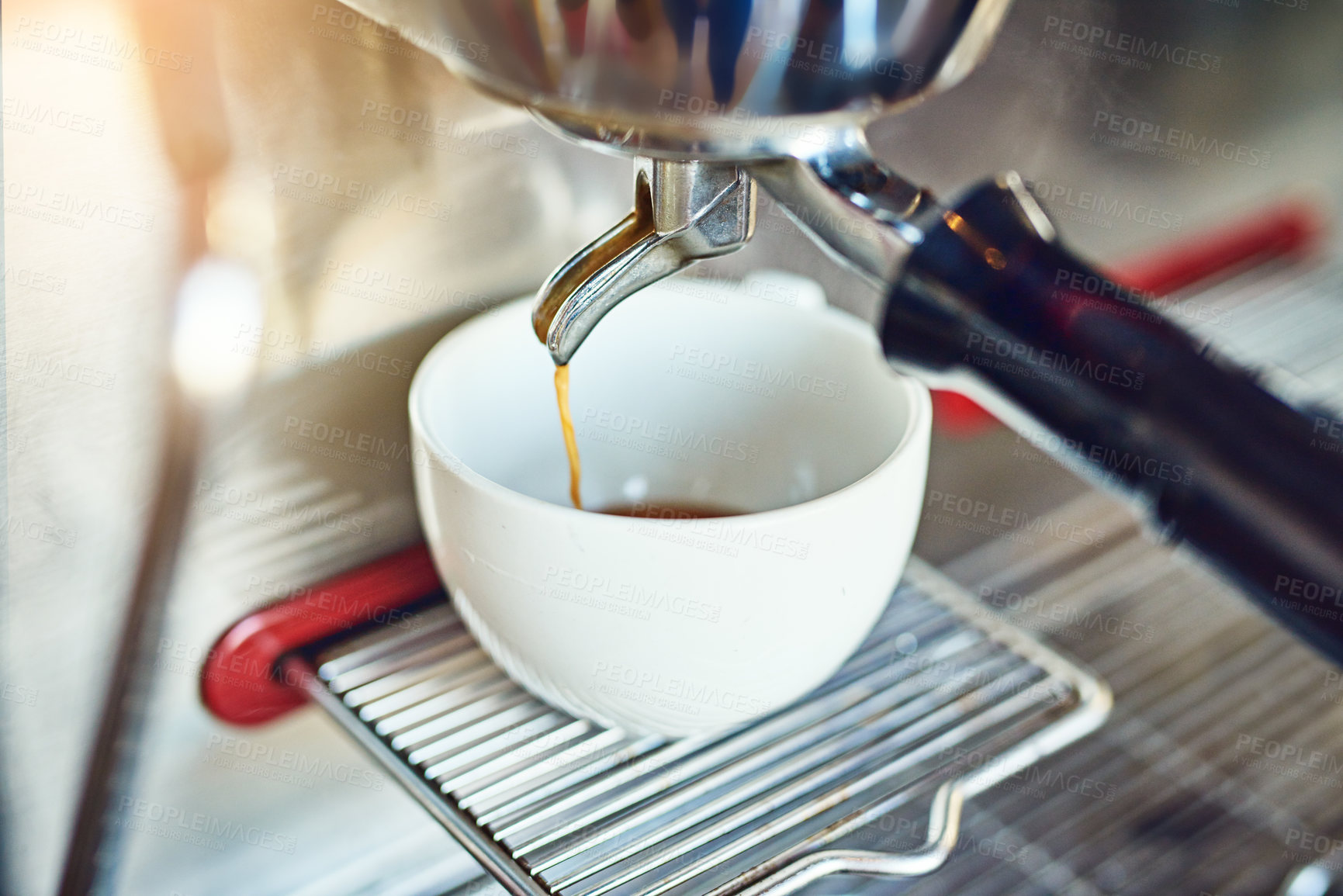 Buy stock photo Espresso, machine and coffee with cup in cafe for small business, warm beverage and hospitality industry of latte. Electrical, equipment and liquid drink for breakfast, morning process and services