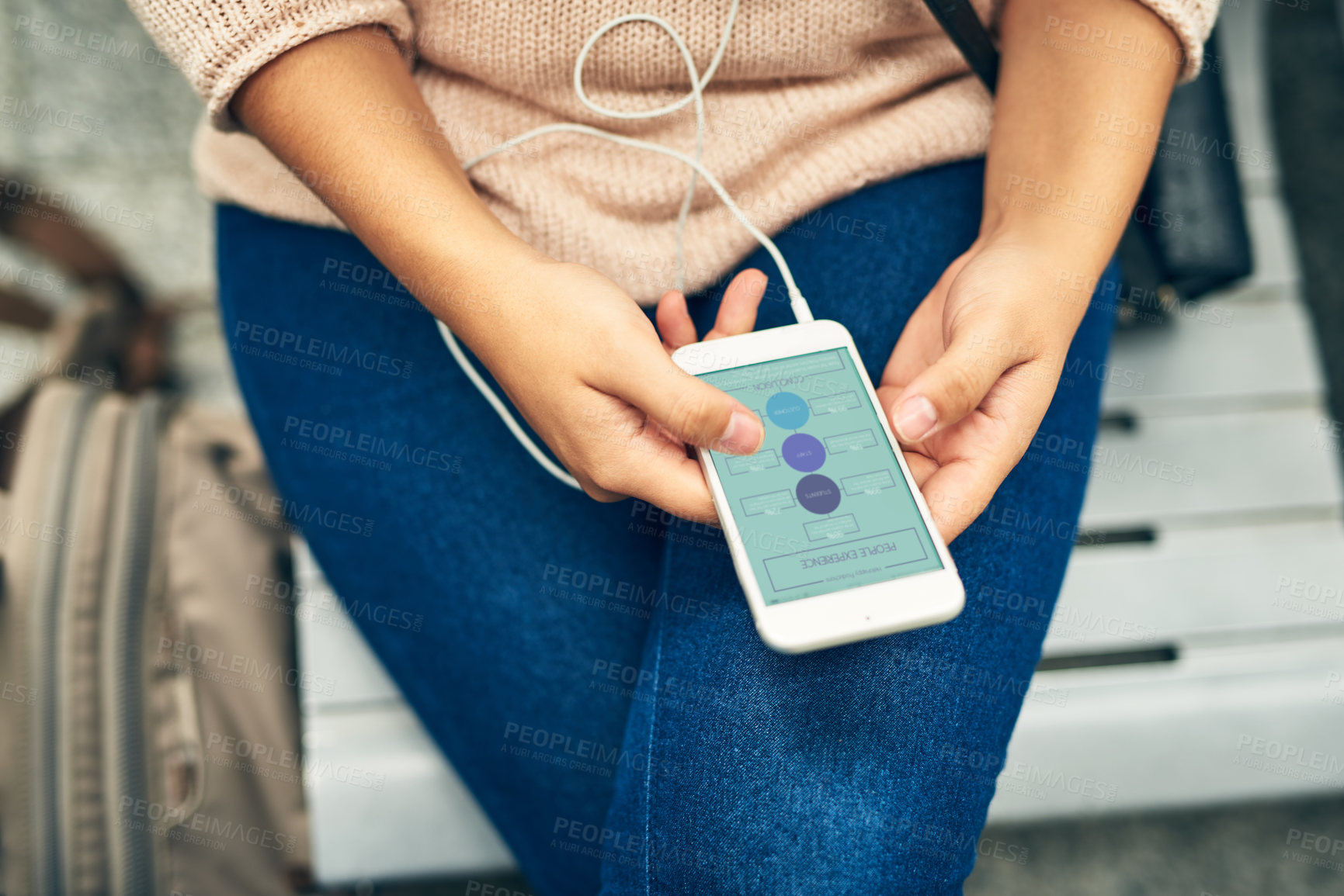 Buy stock photo Person, screen and phone in hands at bus station with reading online information, taxi schedule and waiting. Travel, relax and smartphone top view for public transport, morning commute and music app