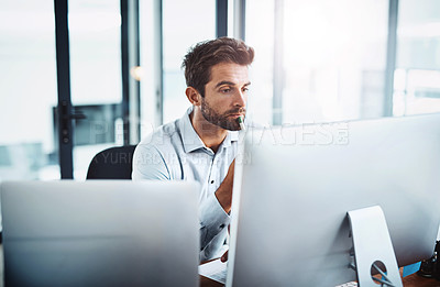 Buy stock photo Research, computer or businessman trading on stock market, fintech app or entrepreneurship website. Thinking, project or financial trader reading news to check online for economy or investment growth