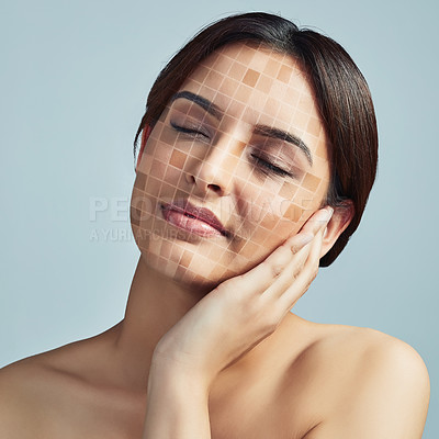 Buy stock photo Woman, skincare and grid pattern in studio for facial recognition, treatment procedure and beauty innovation. Girl,  relax and tech for cosmetic transformation, dermatology system and gray background