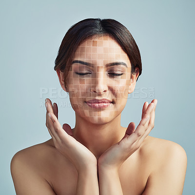 Buy stock photo Girl, skincare and grid pattern in studio for facial recognition, treatment procedure and beauty innovation. Woman, relax and tech with cosmetic transformation, dermatology system and gray background