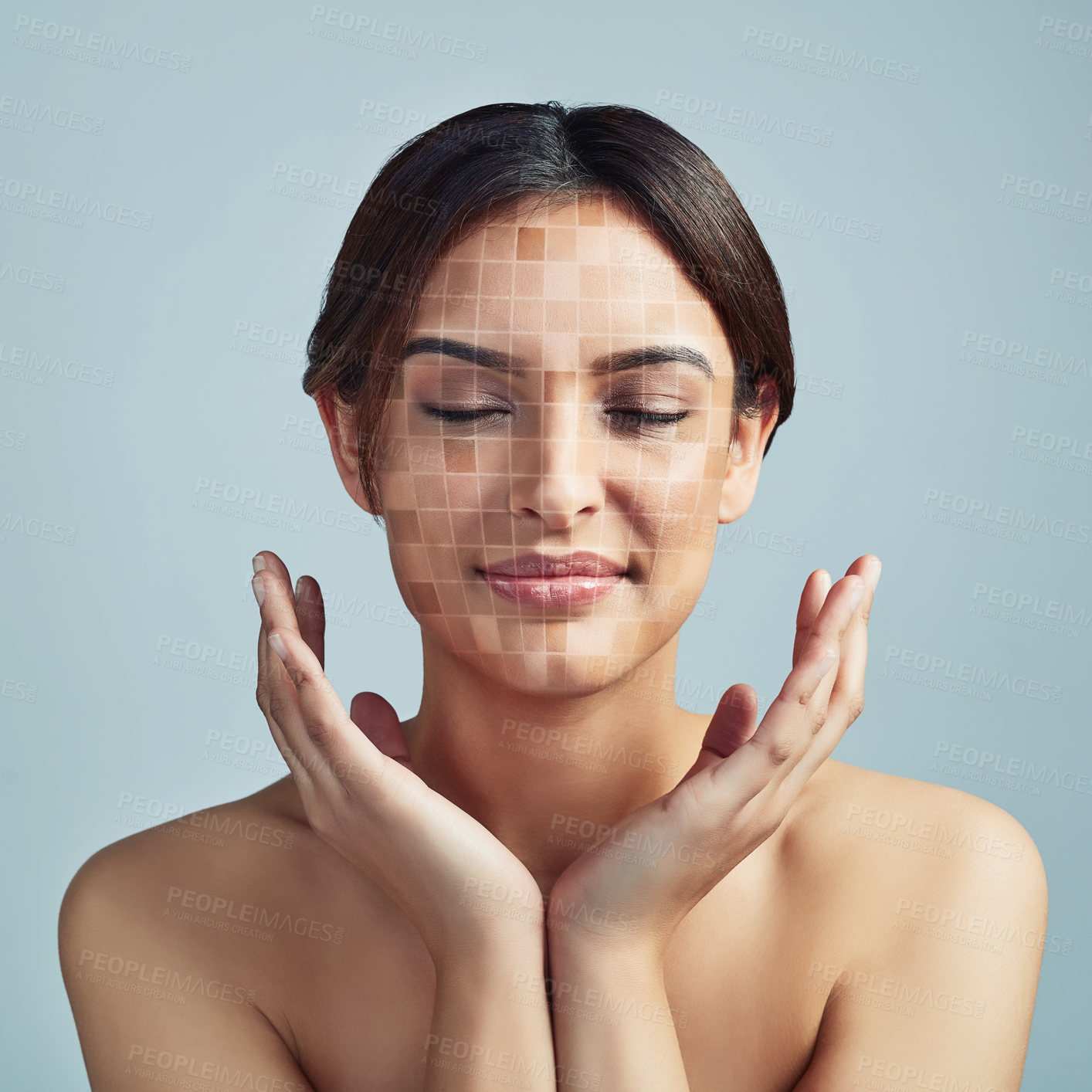 Buy stock photo Girl, skincare and grid pattern in studio for facial recognition, treatment procedure and beauty innovation. Woman, relax and tech with cosmetic transformation, dermatology system and gray background