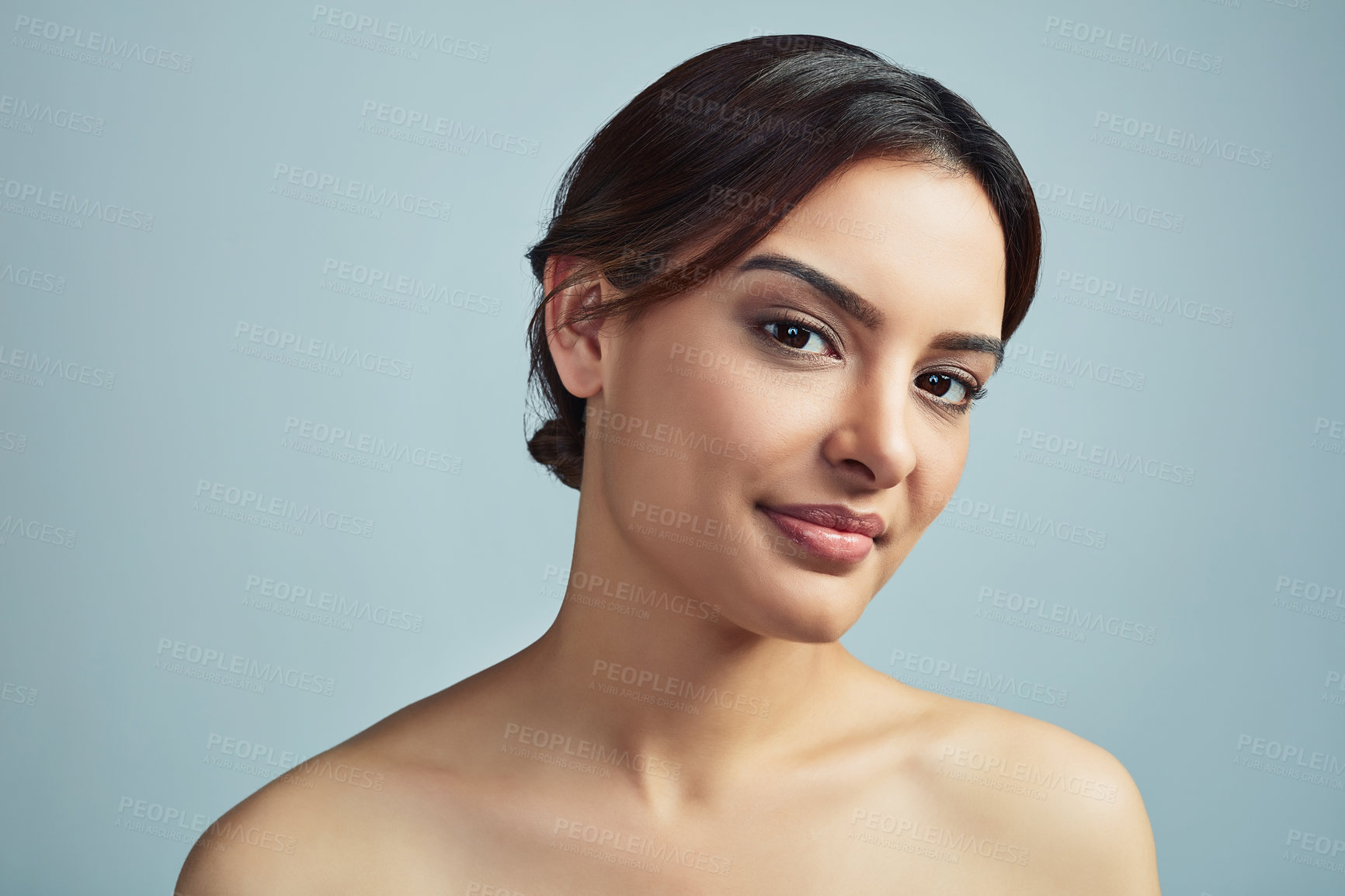 Buy stock photo Girl, portrait or beauty in studio for skincare, makeup or confidence with cosmetics. Dermatology, woman or collagen treatment on gray background space with satisfaction, aesthetic or retinol results