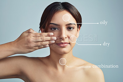 Buy stock photo Portrait, woman and skincare type in studio with facial analysis, dermatology and textures treatment. Girl, dry skin and beauty of overlay, acne transformation and natural solution on gray background