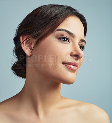 Buy stock photo Model, thinking and beauty in studio for skincare, makeup and confidence with cosmetics. Dermatology, woman and collagen treatment on gray background with satisfaction, aesthetic and retinol results