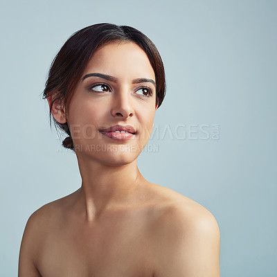 Buy stock photo Girl, thinking or beauty in studio for skincare, makeup or confidence with cosmetics. Dermatology, woman or collagen treatment on gray background space with satisfaction, aesthetic or retinol results