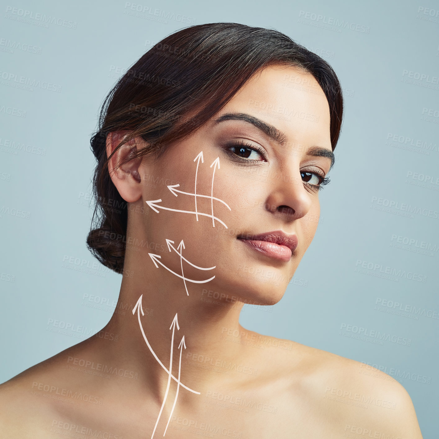 Buy stock photo Portrait, woman and skincare with arrow for plastic surgery in studio, facial treatment and beauty filler of change. Girl, lines and procedure of face lift, medical transformation and gray background