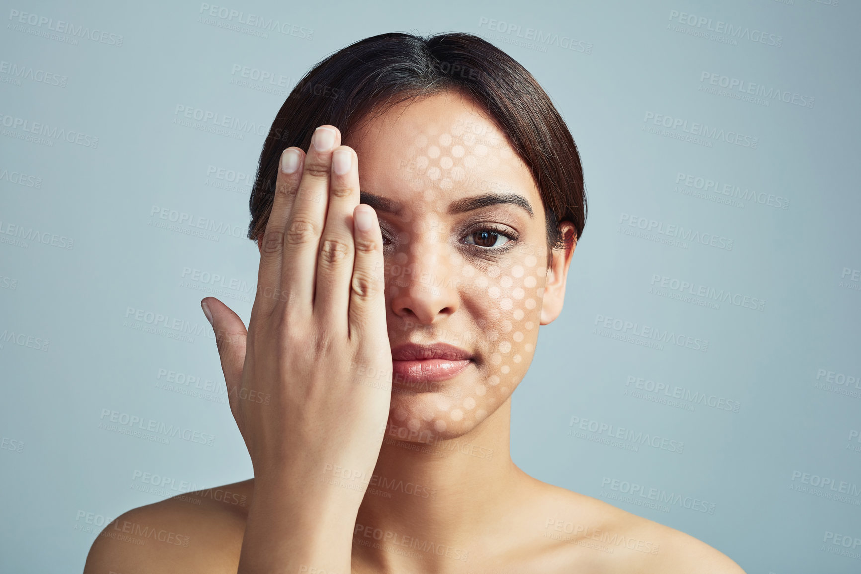 Buy stock photo Portrait, woman and skincare with grid in studio of facial recognition, treatment procedure and beauty innovation. Girl, hand cover and cosmetic transformation, dermatology system and gray background