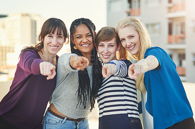 Buy stock photo City, smile and portrait of people with point for offer in selection, decision and choice to vote. Happy, friends and group of women with hand gesture for headhunting, opportunity and recruitment