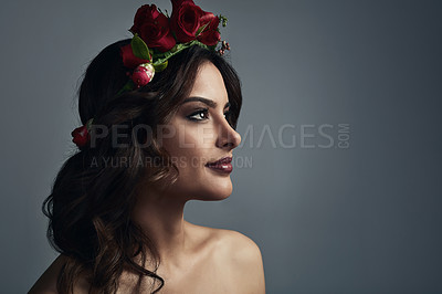 Buy stock photo Skincare, wreath and woman in studio, confident and fantasy with floral, profile and mockup space. Grey background, proud and glow of skin with treatment, flowers and natural cosmetics with roses