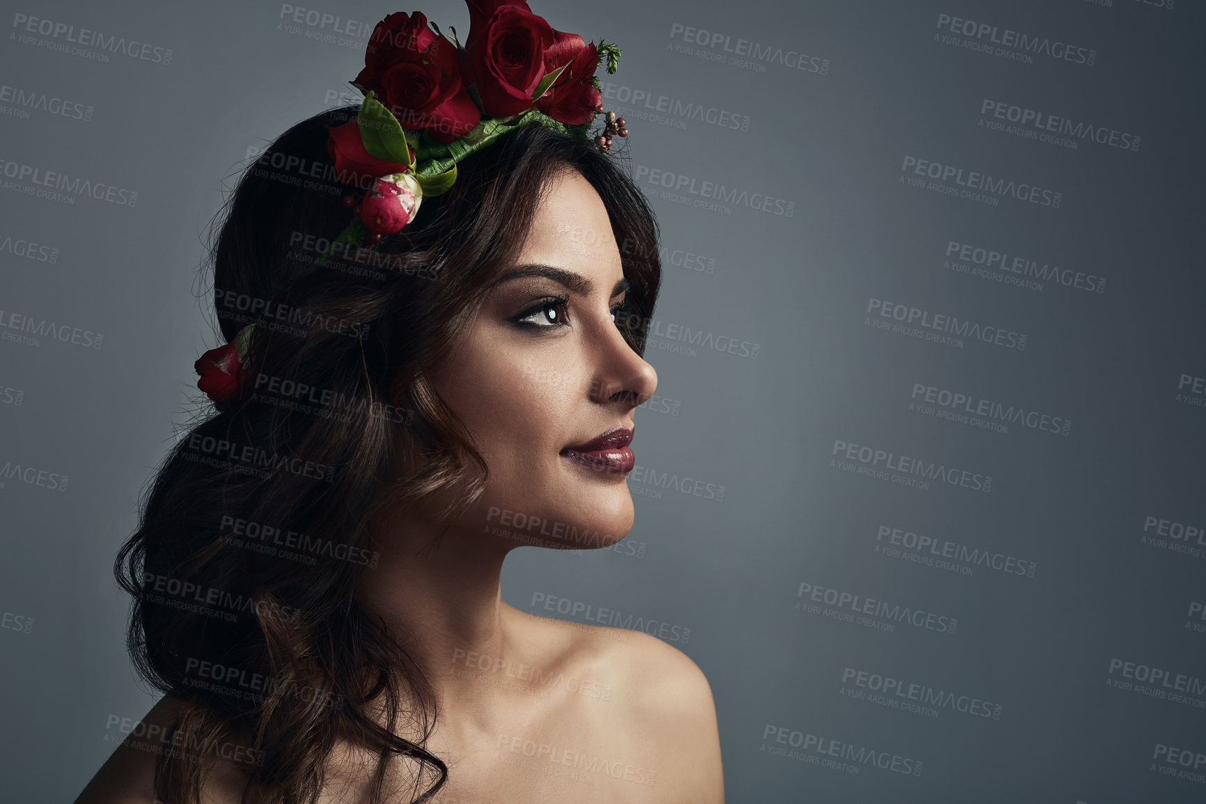 Buy stock photo Skincare, wreath and woman in studio, confident and fantasy with floral, profile and mockup space. Grey background, proud and glow of skin with treatment, flowers and natural cosmetics with roses