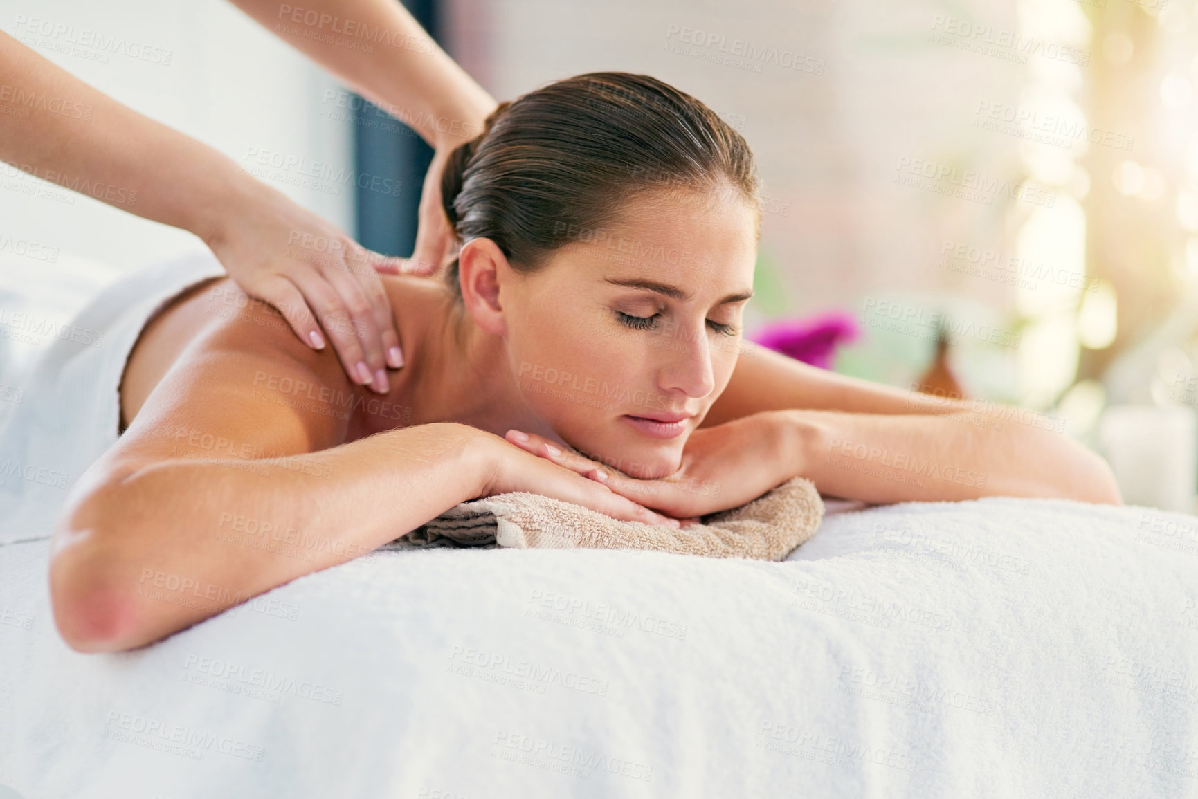 Buy stock photo Hands, massage and stress relief with woman in spa to relax as customer for hospitality or wellness. Face, peace and shoulders of person in luxury hotel or salon for detox, retreat or treatment