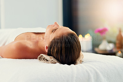 Buy stock photo Bed, massage and sleeping with woman in spa to relax as customer for hospitality or wellness. Holistic, peace and table with person resting in luxury hotel or salon for detox, retreat or treatment