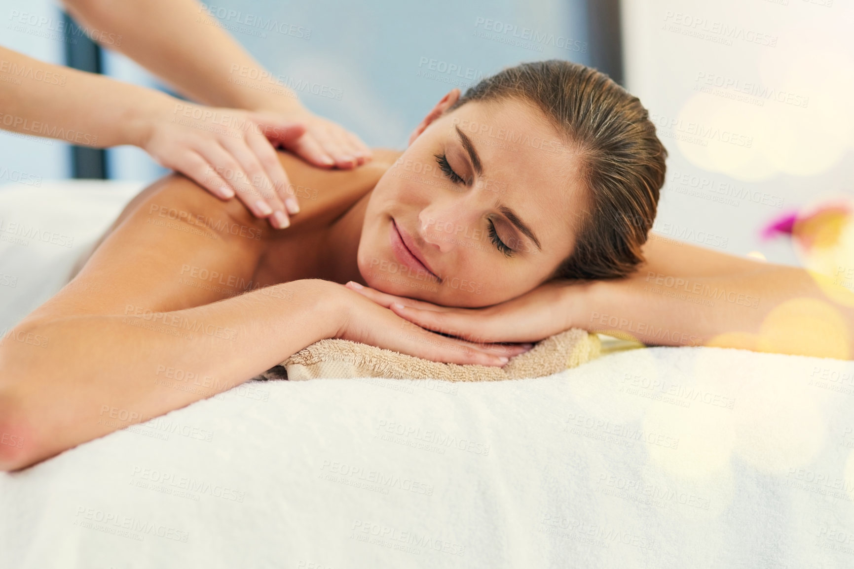 Buy stock photo Face, massage and shoulders of woman in spa to relax as customer for hospitality or wellness. Break, calm and hands of masseuse with person in luxury hotel or salon for detox, retreat or treatment