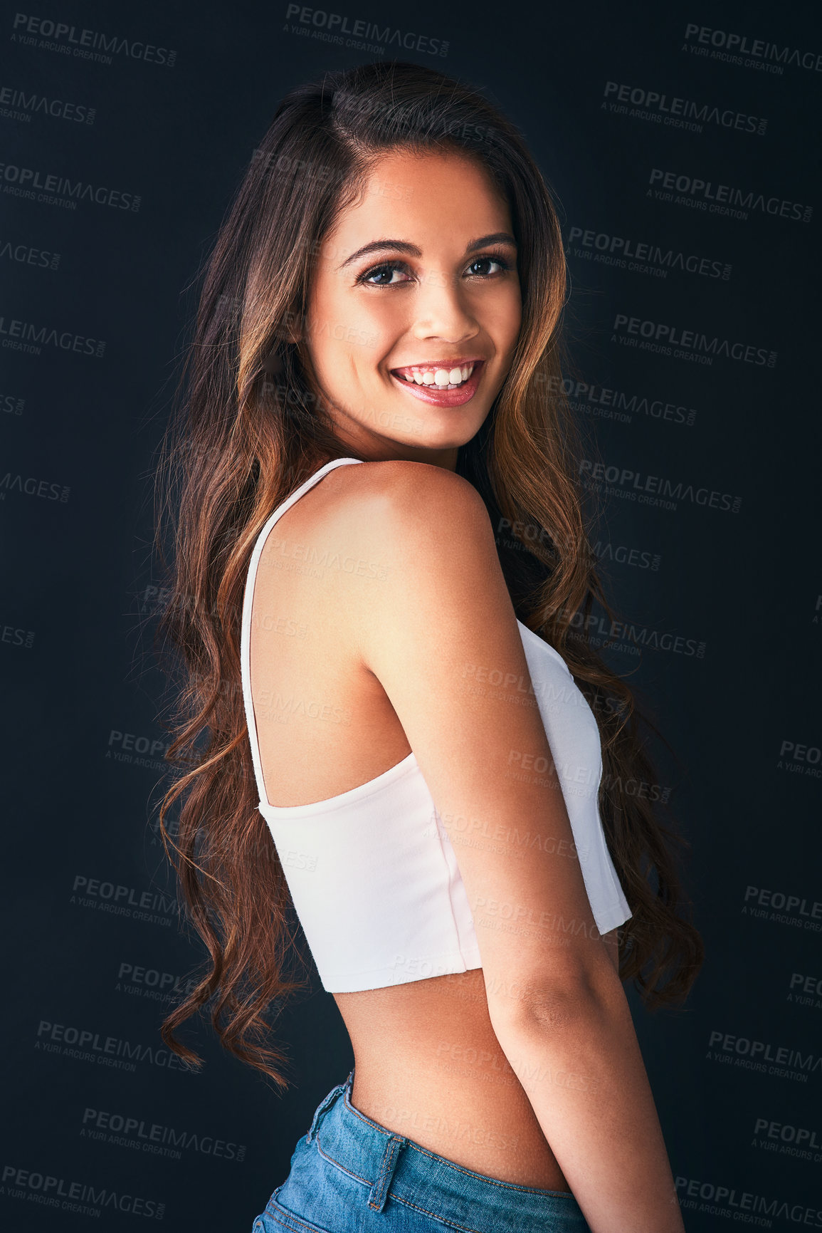 Buy stock photo Woman, portrait and smile with gen z fashion, trendy and college junior from Brazil in studio. Outfit, confidence and minimalist style with student on first day of university with black background