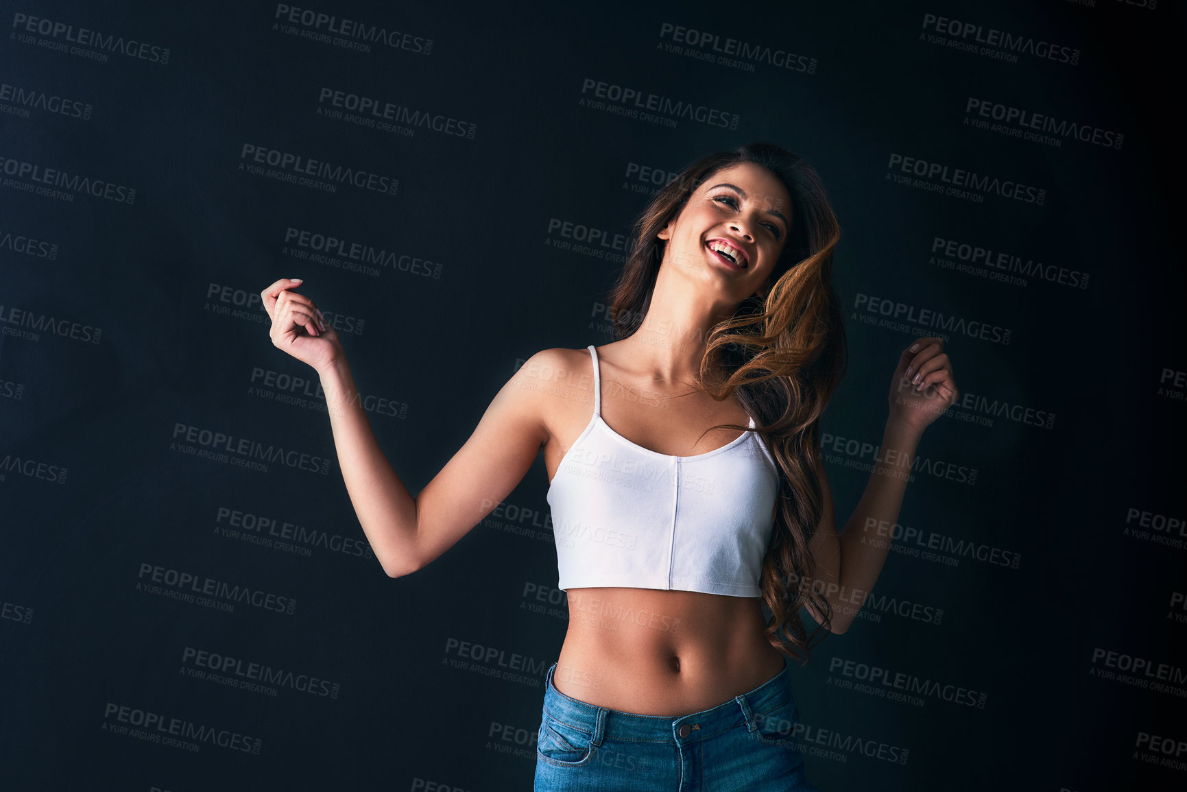 Buy stock photo Dancing, girl and fashion with confidence, hair care or positivity on black background. Female person, style and trendy in space as satisfied or casual in outfit, clothes and pride as student