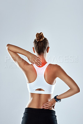 Buy stock photo Woman, athlete and neck pain in studio, inflammation and muscle sprain or tender on gray background. Female person, runner and spinal injury from marathon or training, hurt and ache or accident