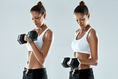 Buy stock photo Woman, fitness and weightlifting with dumbbell in montage for workout, exercise or training on a gray studio background. Female person in sequence, collage or steps for muscle gain or bicep curl