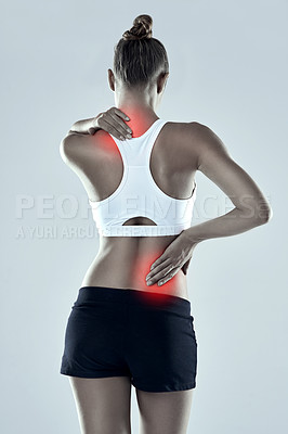 Buy stock photo Woman, athlete and neck or back pain in studio, inflammation and muscle sprain on gray background. Female person, runner and spinal injury from marathon or training, tender and ache or accident