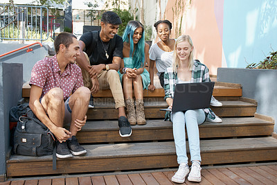 Buy stock photo Campus steps, friends and laptop at university for learning, research or brainstorming group assignment. Computer, education or students with diversity, teamwork or collaboration for college homework