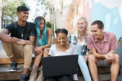 Buy stock photo Smile, students and outdoors with laptop on stairs for education, discussion and online research for project. Diversity, friends and laughing with technology for funny email, teamwork and comedy post