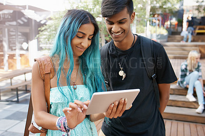 Buy stock photo Campus, Gen z and friends, smile and  tablet for scholarship for education, learning and confidence. Backpack, college and female person, happiness and internet, academy or university and students