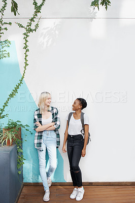 Buy stock photo Happiness, friends and students on break with conversation for catch up, socializing and teenagers with mockup space. Female people or girls, communication and university for education and talking.