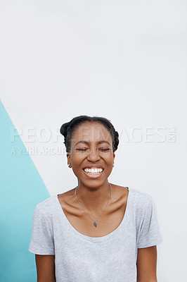 Buy stock photo Black woman, smile or wow with face, choice or eyes closed in hope, thinking or future announcement. Gen z female student, happy or excited at surprise, dream or idea of miracle of inspiration