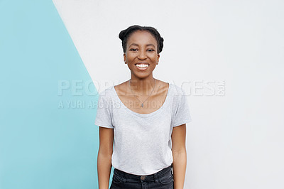 Buy stock photo Portrait, black woman or smile as proud or satisfaction in studio mock up space for education. African female student, happy and confident for positive or exchange with experience at university