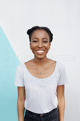 Buy stock photo Portrait, African woman or smile as proud, satisfaction in studio mock up space on white background. Black female student, happy or confident of positive, exchange or experience at university
