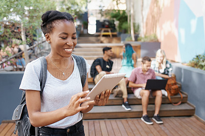 Buy stock photo Portrait, outdoor and girl with backpack, tablet and scholarship for education, learning and confidence. Gen z, college and female person, happiness and summer in school or academy and student