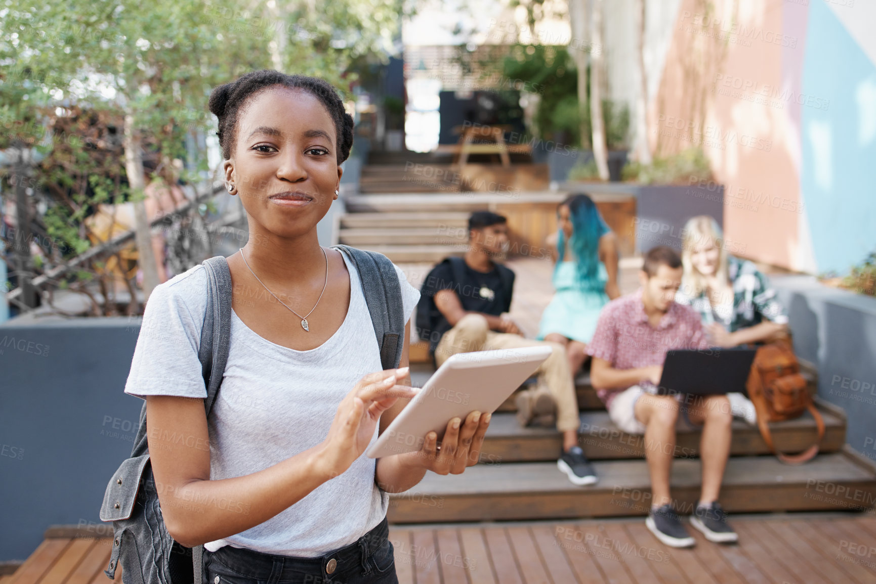 Buy stock photo Portrait, outdoor and student with backpack, tablet and scholarship for education, learning and confidence. Gen z, college and female person, happiness and summer in school or academy and girl