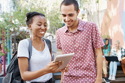 Buy stock photo University students, smile and tablet on campus for education, learning and tuition outdoor. People, study and college youth with technology for internet, connectivity and email for scholarship