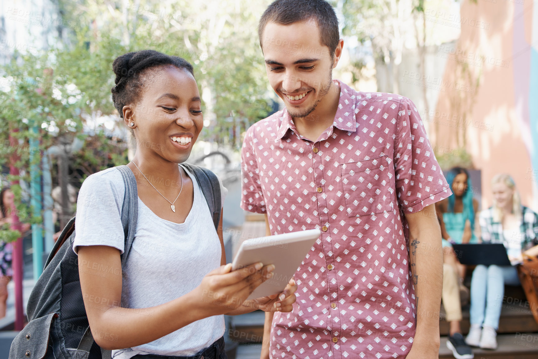 Buy stock photo University students, smile and tablet on campus for education, learning and tuition outdoor. People, study and college youth with technology for internet, connectivity and email for scholarship