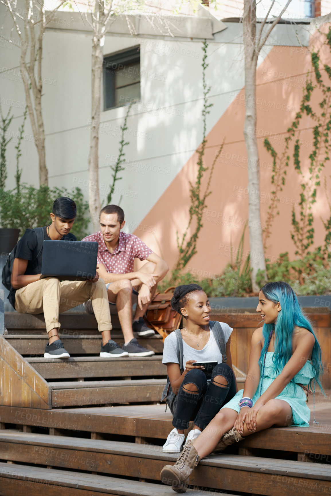 Buy stock photo College, campus and students relax on stairs with social community, friends and chat about course. People, talk and conversation about steps in university project or support for education or study