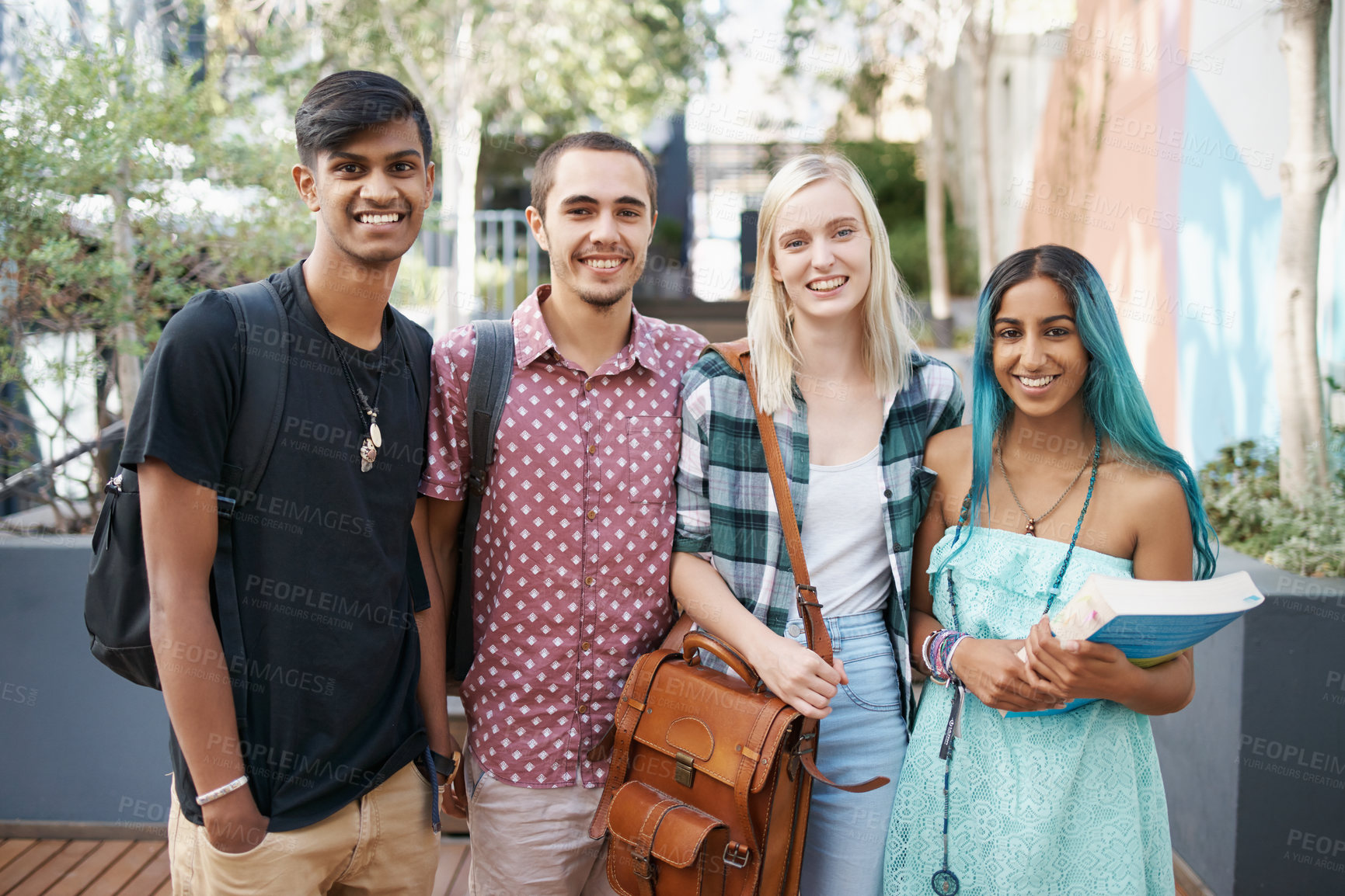 Buy stock photo Portrait, diversity and students on campus, university and education with break and relaxing after class. Face, people and women with men, smile and group with assignment and teamwork for a project