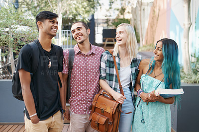 Buy stock photo Laughing students, bonding or study break on college campus for group learning, gen z and fun. Happy, young people and talking for support, care and conversation with friends at university