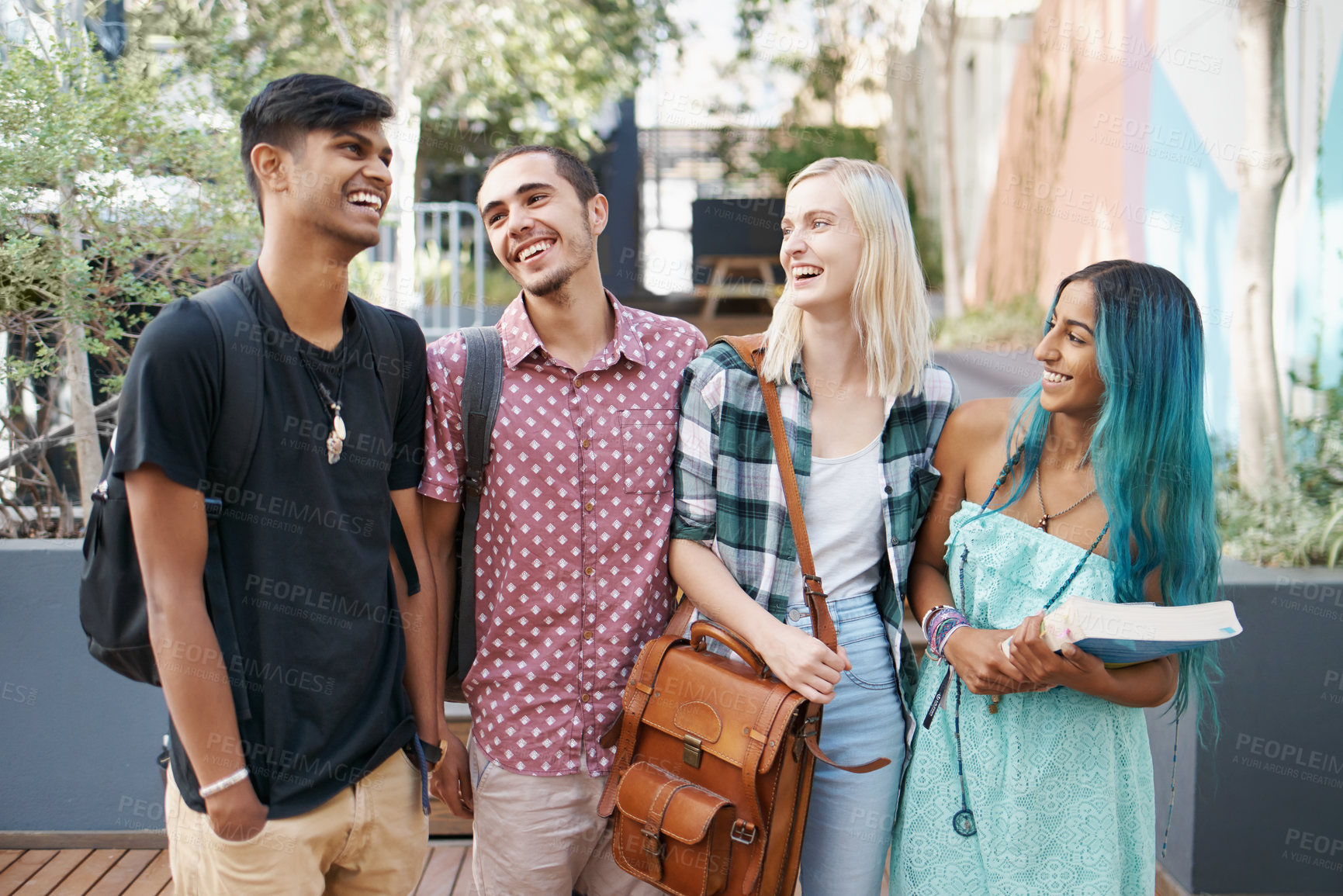 Buy stock photo Laughing students, bonding or study break on college campus for group learning, gen z and fun. Happy, young people and talking for support, care and conversation with friends at university