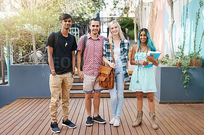 Buy stock photo Happy friends and talking or learning on study break at college campus for group education, support and fun. Young people, books and backpack with smile for bonding with conversation at university