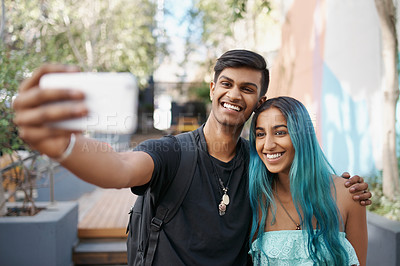 Buy stock photo Selfie, hug or happy couple on social media on campus in university or college to relax together. Students, Indian woman or man in picture, vlog or photo for bonding with love, support or mobile app