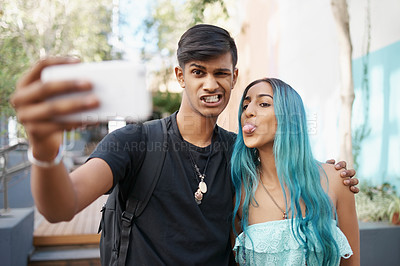 Buy stock photo Selfie, funny or happy couple on social media in college, university or campus to relax together. Students, Indian woman or man in picture, vlog or photo for bonding with hug, support or mobile app