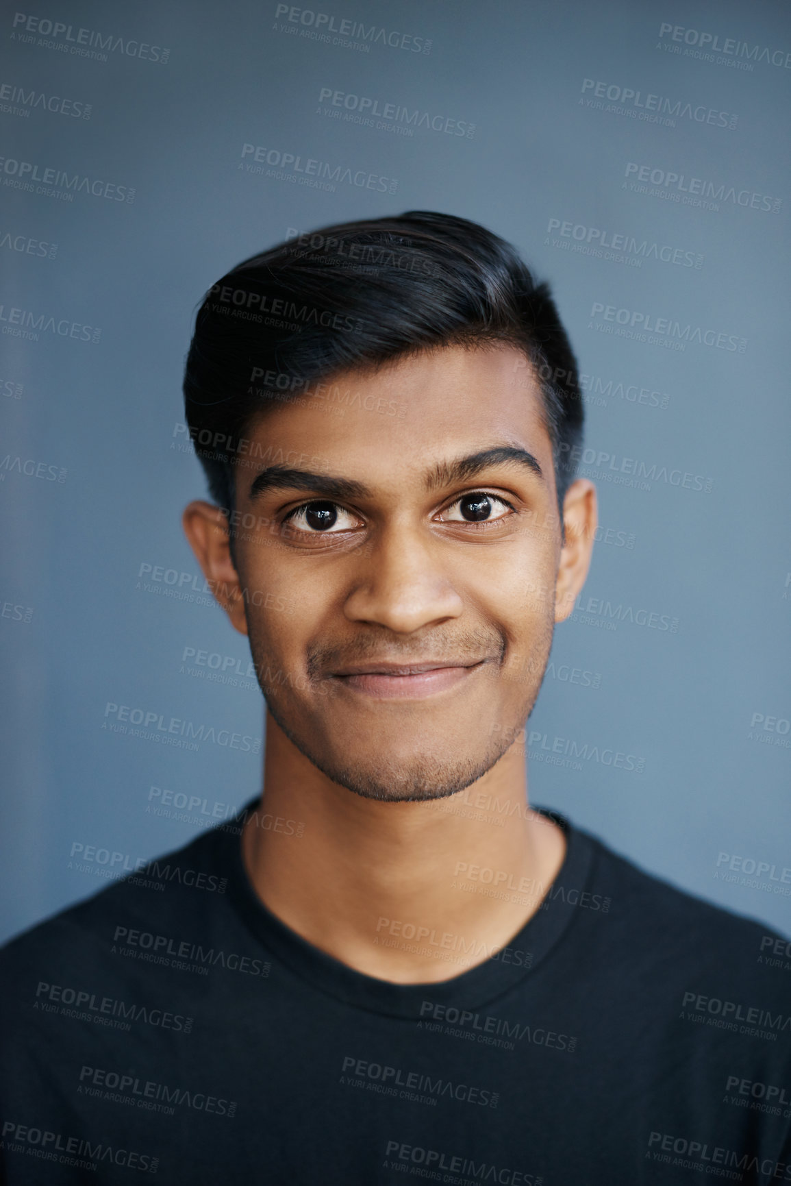 Buy stock photo Smile, fashion and portrait of man in studio with positive, good and pride attitude with confidence. Happy, handsome and face of Indian male person with casual or trendy style by gray background.