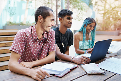 Buy stock photo Happy, students and laptop on university campus for education, learning and online research. College, diversity and group of friends with technology for discussion collaboration and studying