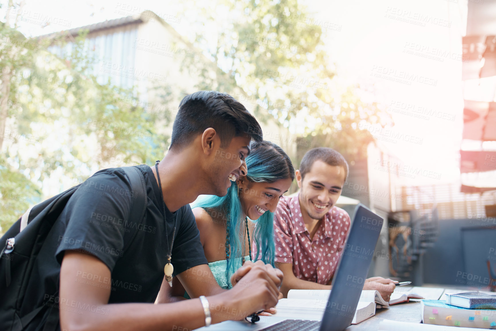 Buy stock photo International, students and study on campus at college with friends and learning together outdoor. Research, laptop and writing essay with collaboration or course with teamwork on assignment task