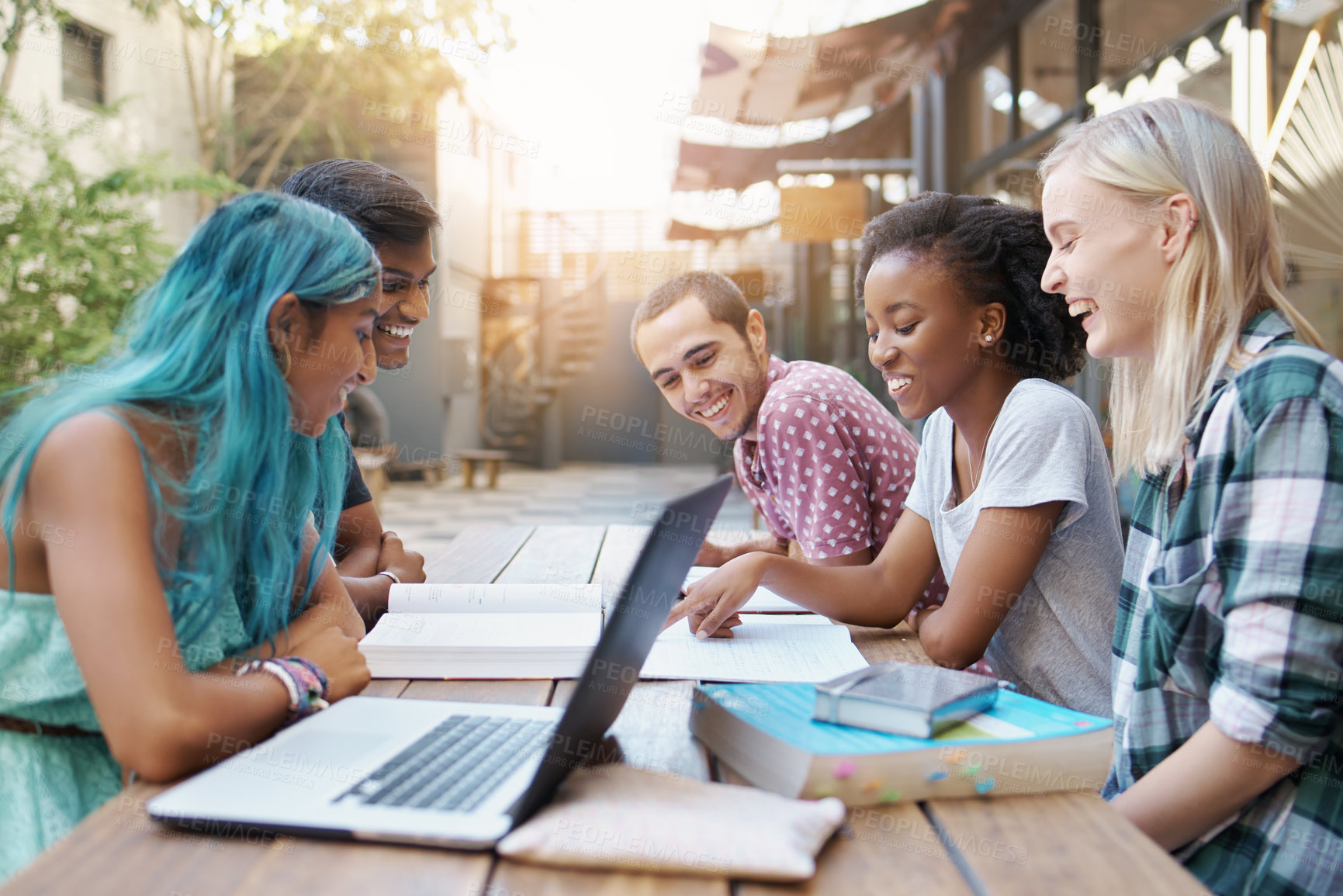 Buy stock photo International, students and study at college on campus with friends and learning in community with diversity. Research, project or reading notes on course with collaboration and support of teamwork