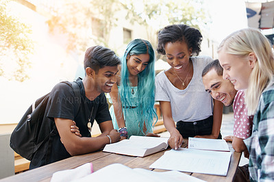 Buy stock photo Friends, group and study outdoor at university with books, pointing and learning for education and campus. Students, gen z people and teamwork research with diversity, happy or college break by table